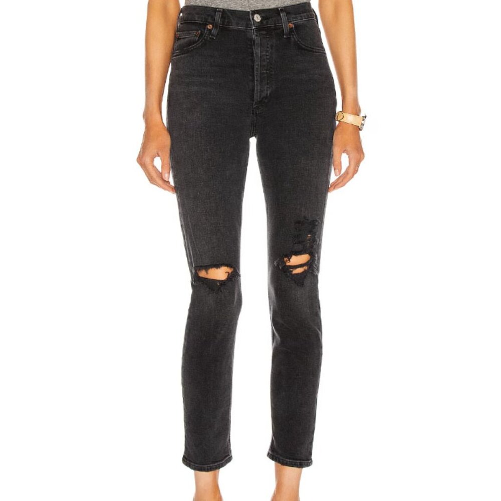 Agolde Nico High Rise Slim Jeans Women's Charcoal Destroyed Knee Grunge 29
